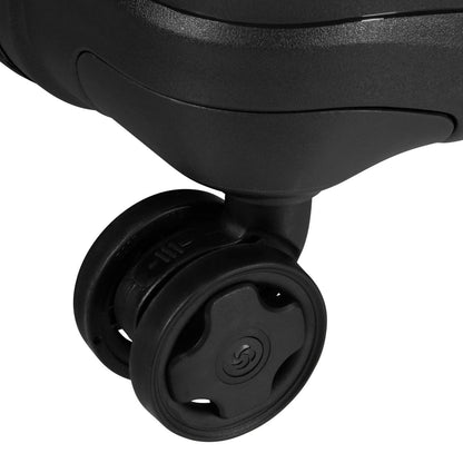 Close-up of a black dual-wheel caster on the Samsonite Upscape Spinner Medium hard-shell suitcase.