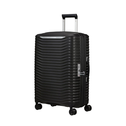 Samsonite Upscape Spinner Medium: black hard-shell suitcase with textured surface and shock-absorbing wheels.