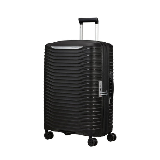 Product Image – Samsonite Upscape Spinner Medium: black hard-shell suitcase with textured surface and shock-absorbing wheels.