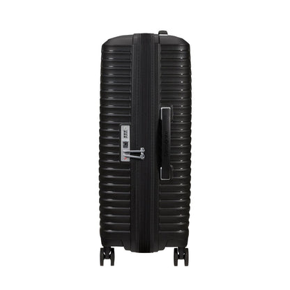 Samsonite Upscape Spinner Medium: black, lightweight hard-shell luggage with TSA lock and shock-absorbing wheels.