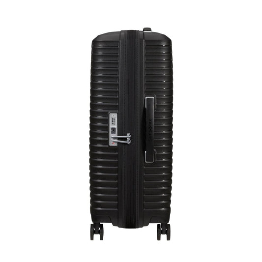 Product Image – Samsonite Upscape Spinner Medium: black, lightweight hard-shell luggage with TSA lock and shock-absorbing wheels.