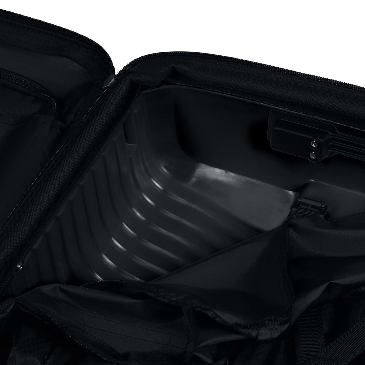 Open the Samsonite Upscape Spinner Medium in black: a lightweight luggage with fabric lining and ridged hard shell.