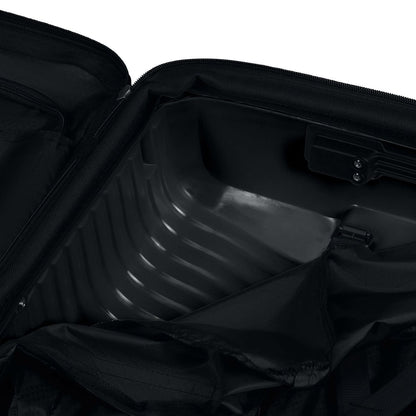 Open the Samsonite Upscape Spinner Medium in black: a lightweight luggage with fabric lining and ridged hard shell.
