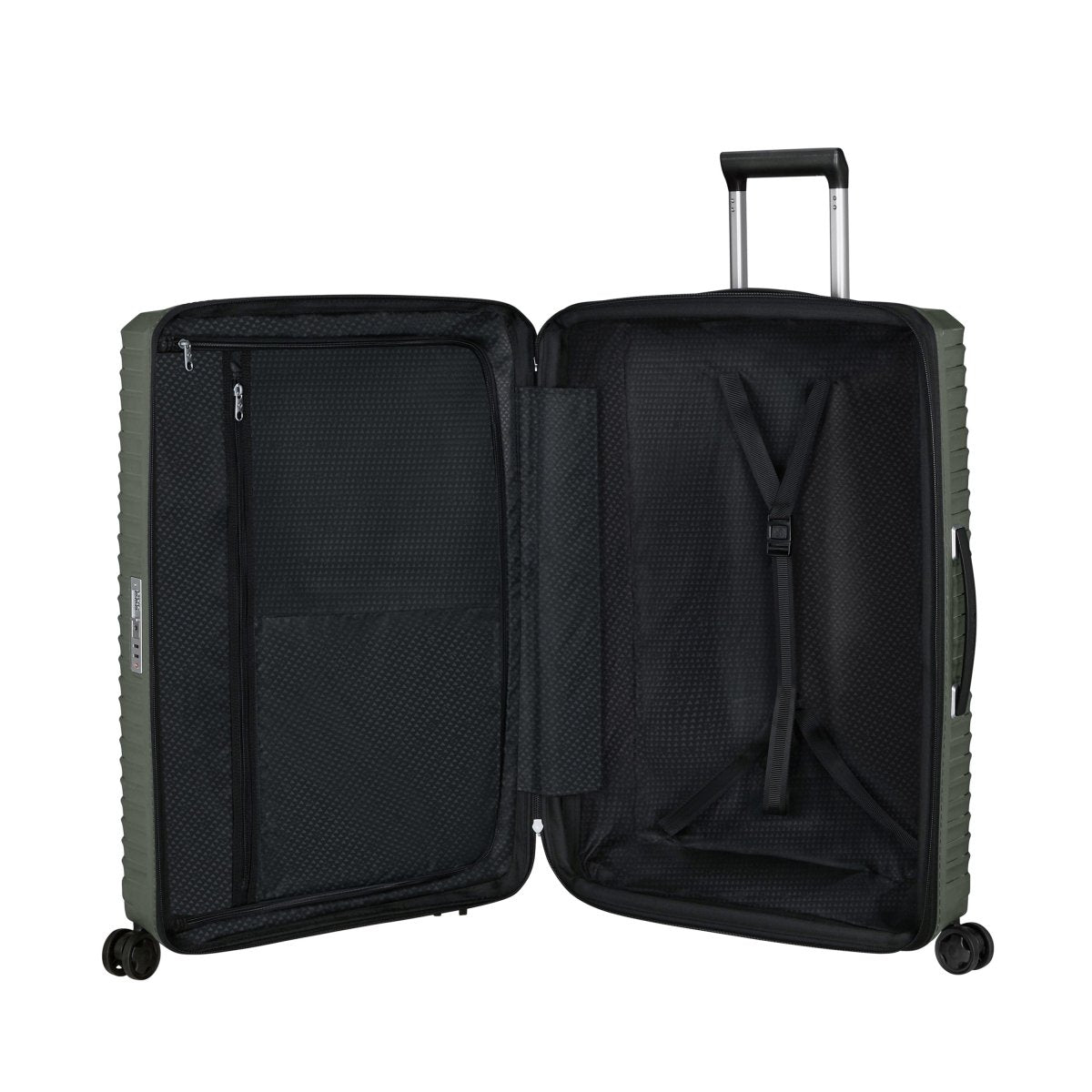 Samsonite Upscape Spinner Medium: hard-shell suitcase with black interior, zippered compartments, and straps.