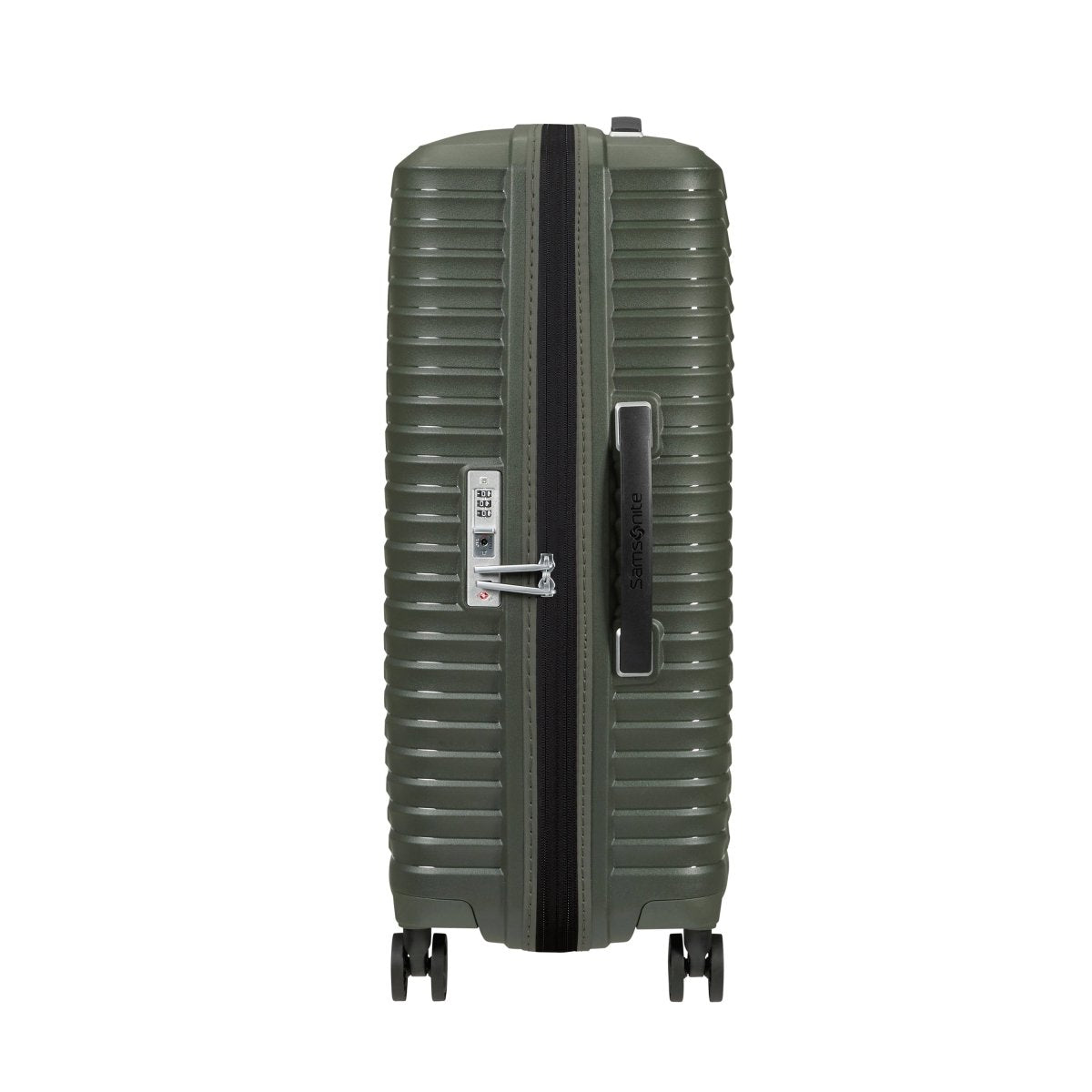 Samsonite Upscape Spinner Medium in olive green with shock-absorbing wheels and built-in combination lock.