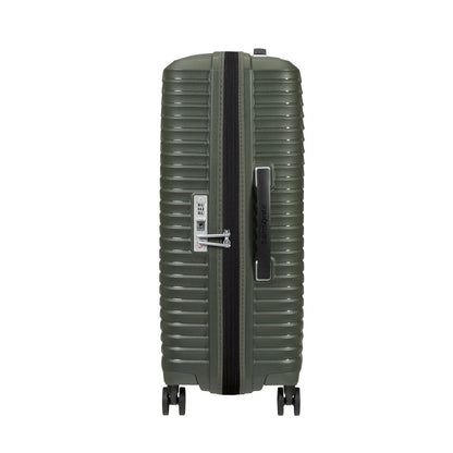 Samsonite Upscape Spinner Medium in olive green with shock-absorbing wheels and built-in combination lock.