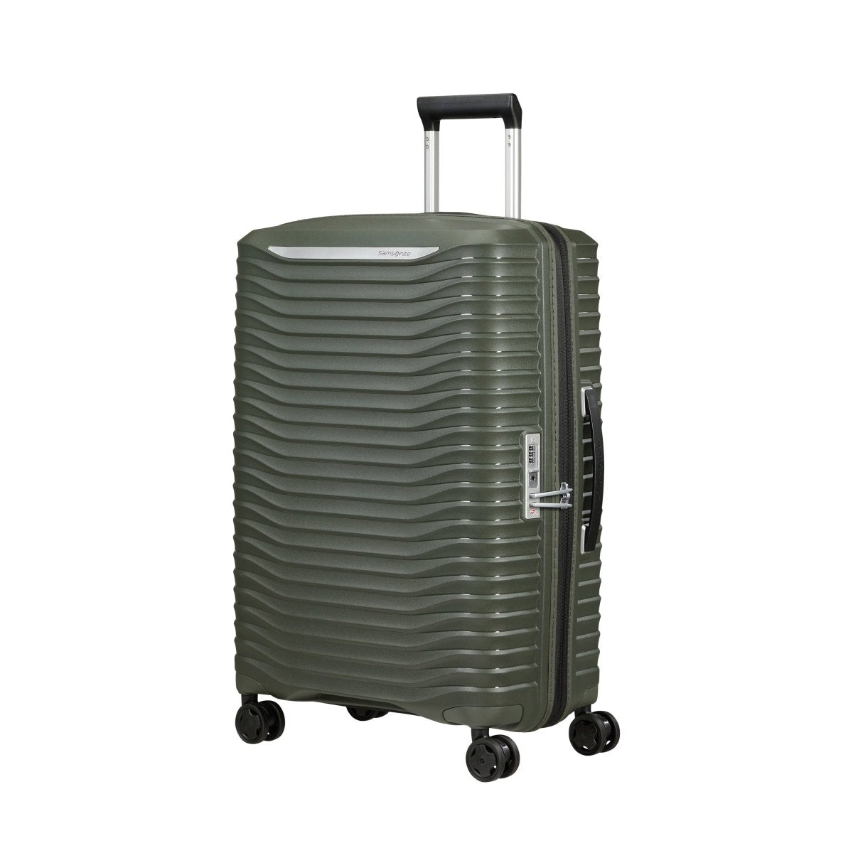 The Samsonite Upscape Spinner Medium is a dark green suitcase with textured ridges and shock-absorbing wheels.