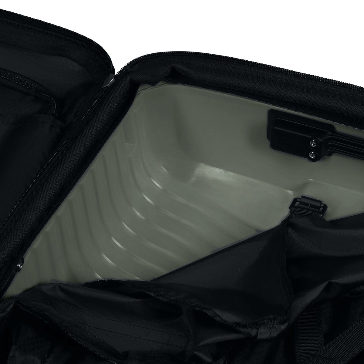 Samsonite Upscape Spinner Medium with hard shell, zippered divider, and black fabric lining shown open.