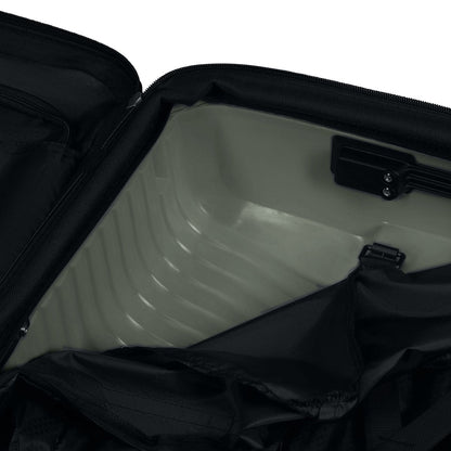 Samsonite Upscape Spinner Medium with hard shell, zippered divider, and black fabric lining shown open.