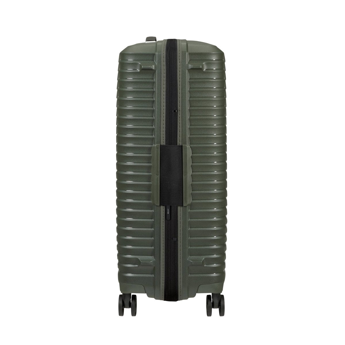 Samsonite Upscape Spinner Medium in olive green, lightweight with shock-absorbing wheels, upright side view.