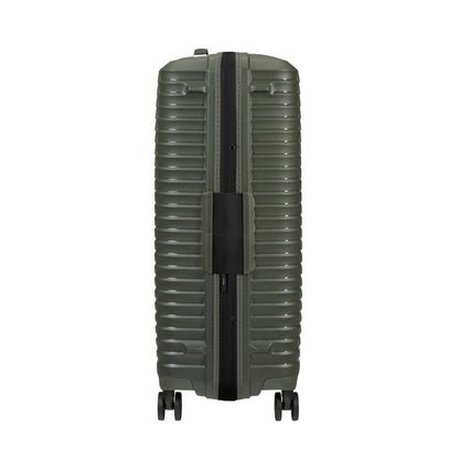 Samsonite Upscape Spinner Medium in olive green, lightweight with shock-absorbing wheels, upright side view.