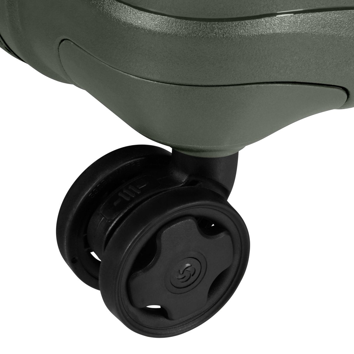 Close-up of a black shock-absorbing wheel on the green Samsonite Upscape Spinner Medium suitcase.
