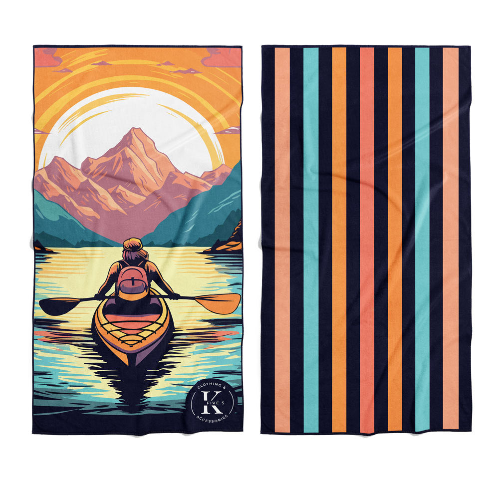 Two ultra-absorbent K5 Microfibre Beach Towels: one sunset kayak scene, one with vibrant stripes.