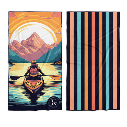 Two ultra-absorbent K5 Microfibre Beach Towels: one sunset kayak scene, one with vibrant stripes.
