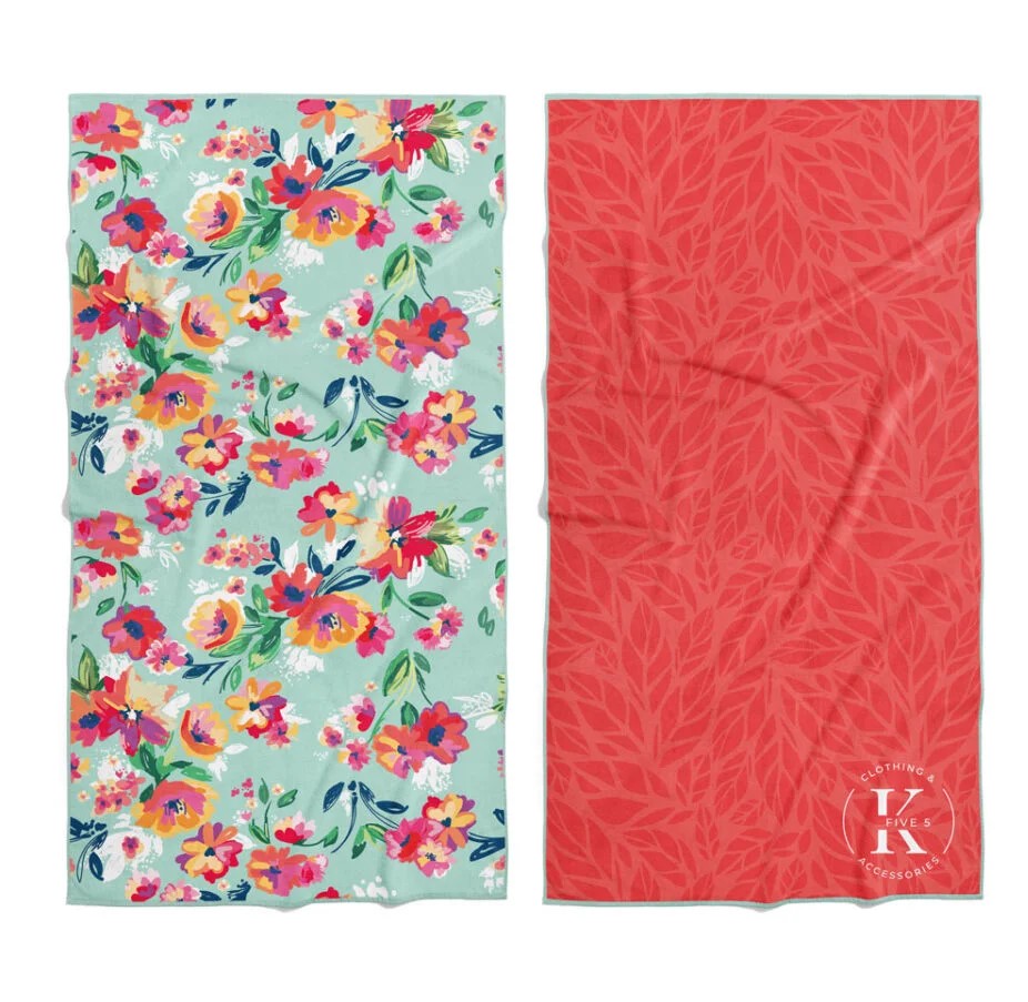 Two K5 Microfibre Beach Towels: quick-dry, ultra-absorbent, floral and red leaf with white K5 logo.