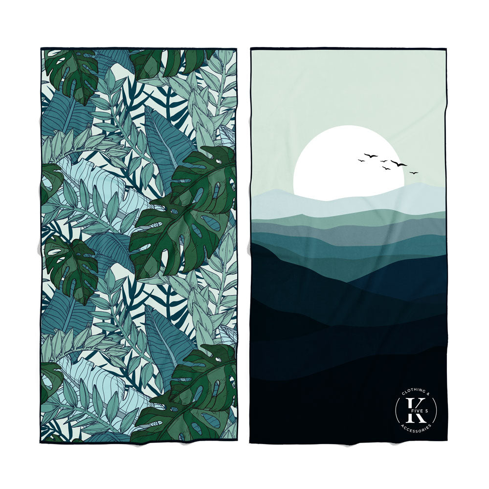 K5 Microfibre Beach Towels: ultra-absorbent, quick-dry, in green leaf & blue mountain designs from K5.