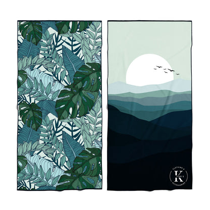 K5 Microfibre Beach Towels: ultra-absorbent, quick-dry, in green leaf & blue mountain designs from K5.