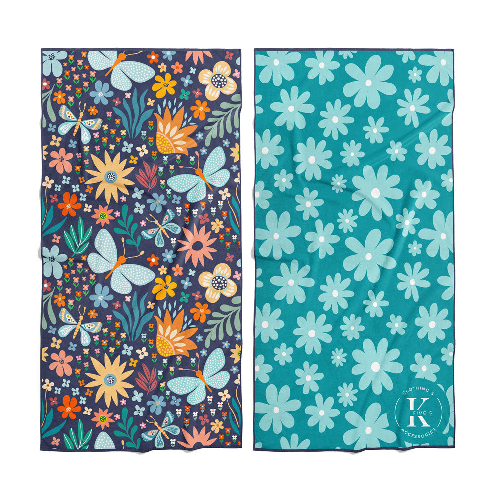 K5 Microfibre Beach Towels: ultra-absorbent, in butterfly, flower, and teal daisy prints by K5.