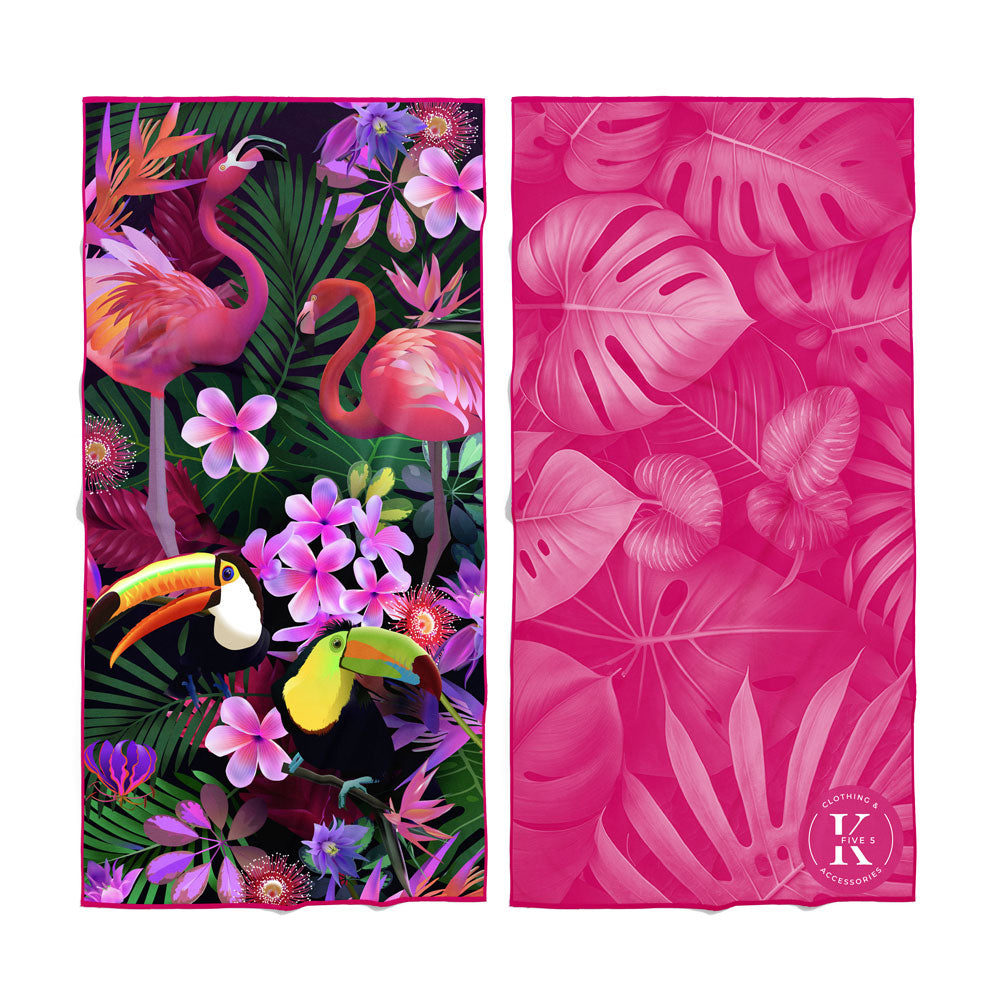 The K5 Microfibre Beach Towel is ultra-absorbent, quick-dry, with flamingo & flowers on a pink background.