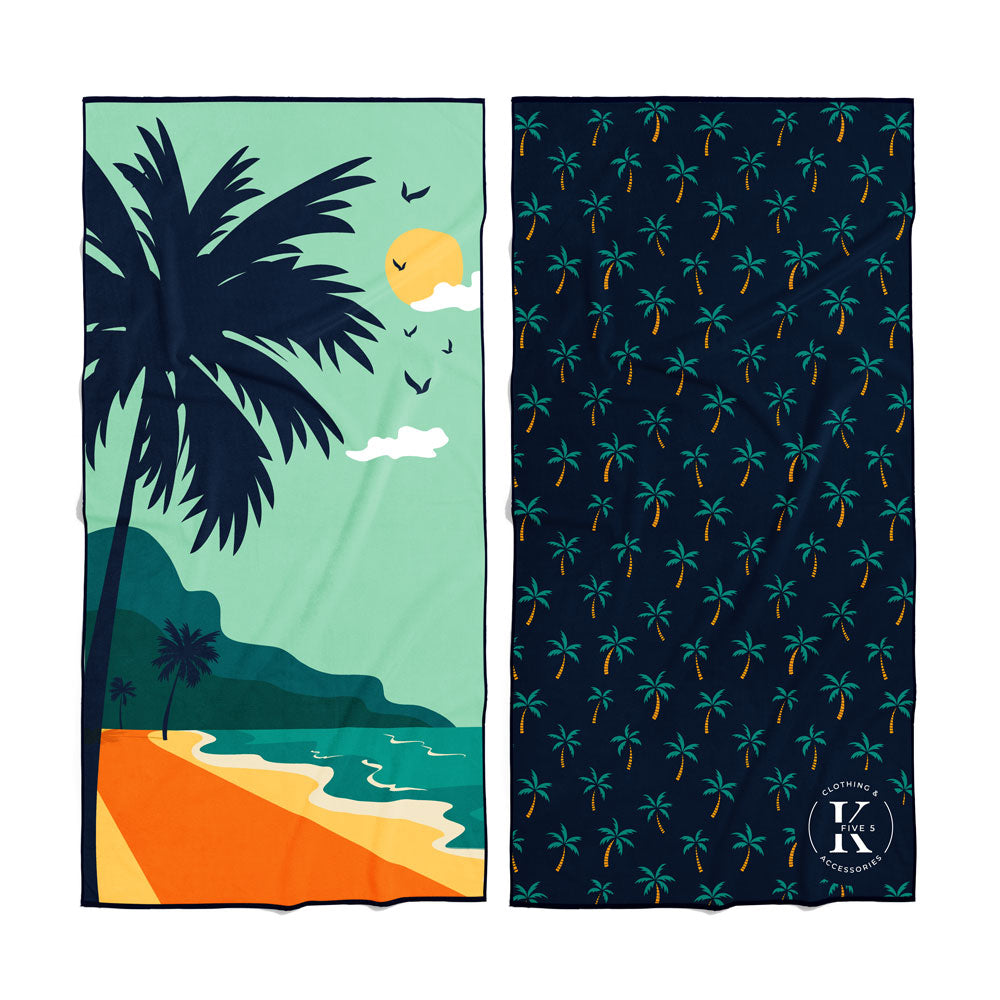 Set of two K5 Microfibre Beach Towels: tropical scene and palm tree pattern, both ultra-absorbent.