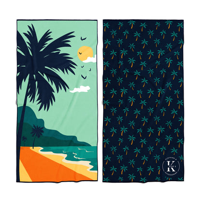 Set of two K5 Microfibre Beach Towels: tropical scene and palm tree pattern, both ultra-absorbent.