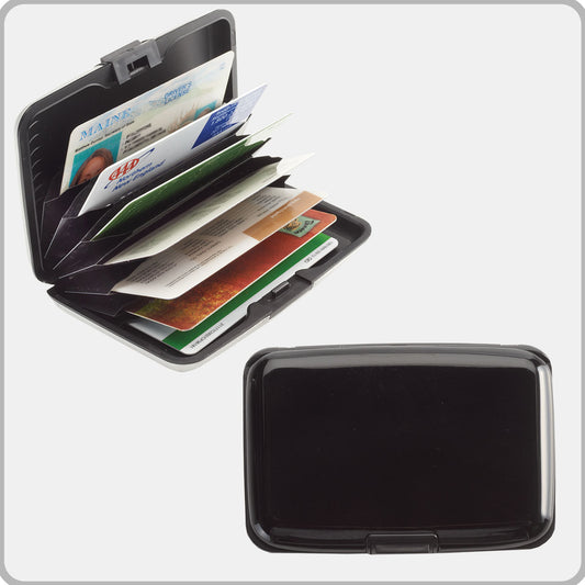 Product Image – The High Road RFID Blocking Aluminum Card Case is shown open with cards and closed below.