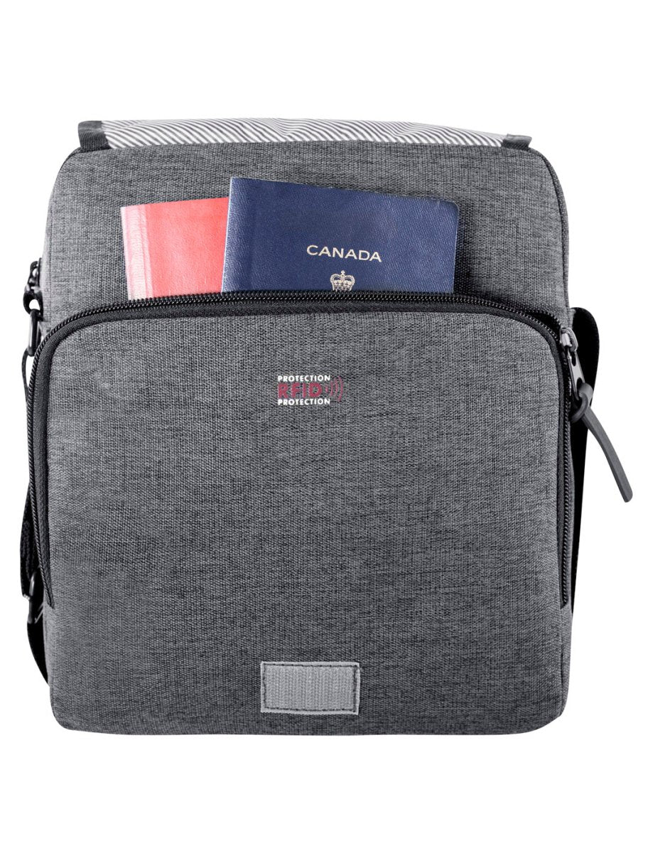 Swiss Gear 10" Tablet Travel Bag with RFID, grey, front view with passport sticking out of front zip pocket under front flap