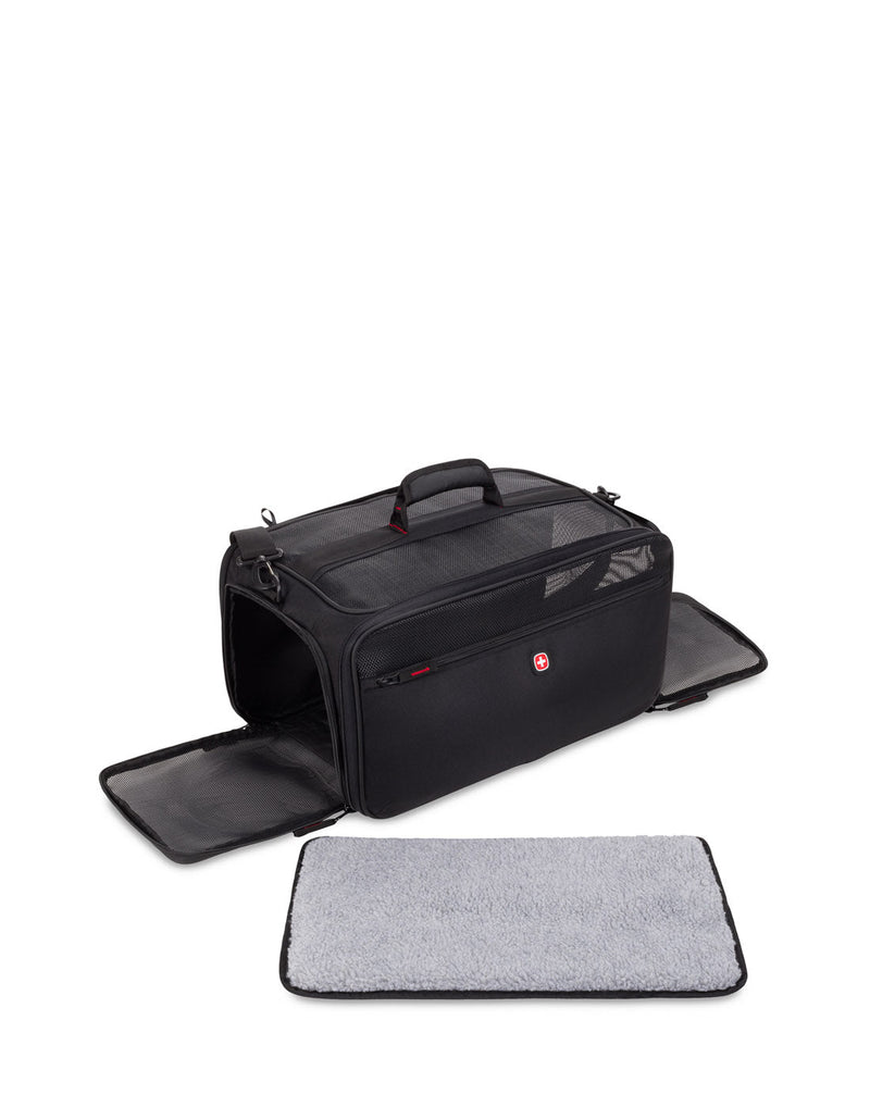 Swiss Gear Carry-on Pet Carrier, black, view of front with side pockets open and fuzz mat taken out.