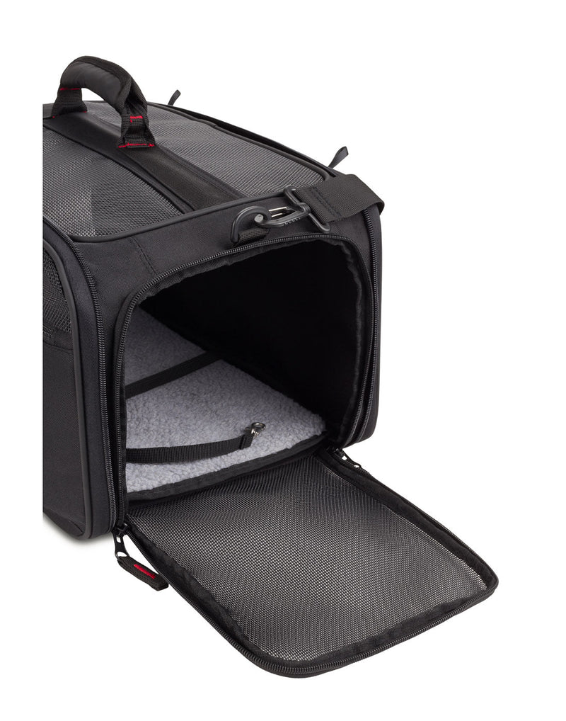 Swiss Gear Carry-on Pet Carrier, black, side view, side zipper pocket open to interior