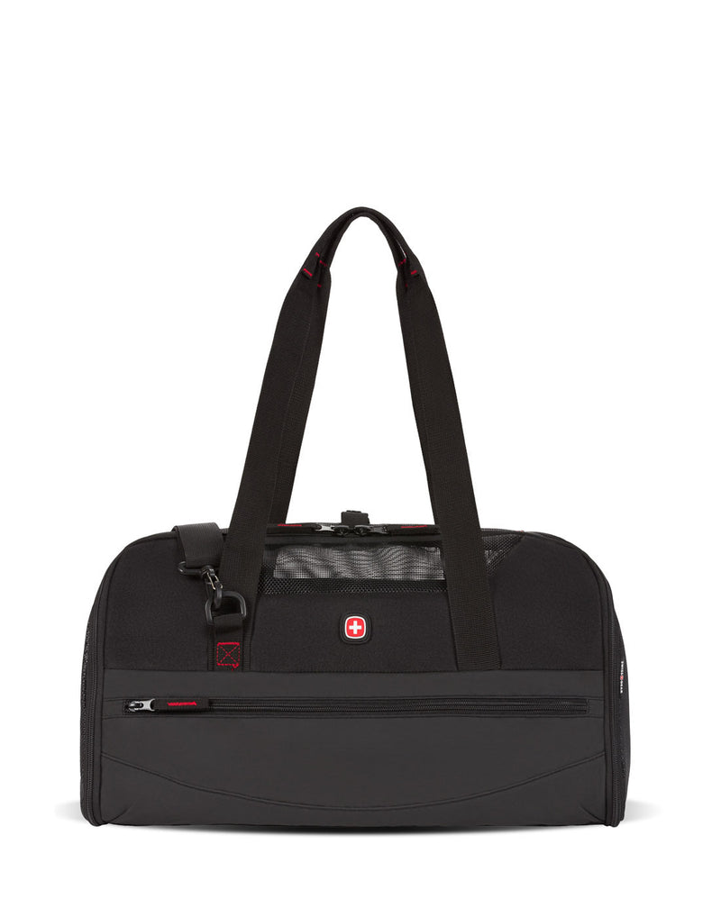 Swiss Gear Getaway Pet Carrier , black, shown with top strap extended, front view