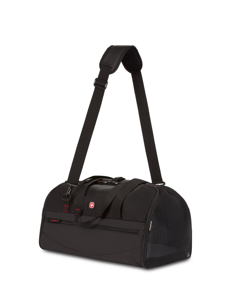 Swiss Gear Getaway Pet Carrier, black, front angled view with shoulder strap extended.