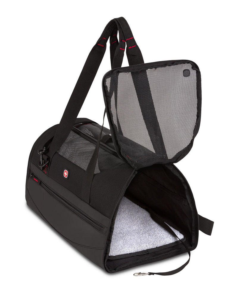Swiss Gear Getaway Pet Carrier, black, side view with side pocket open showing fuzz mat and inside clip.