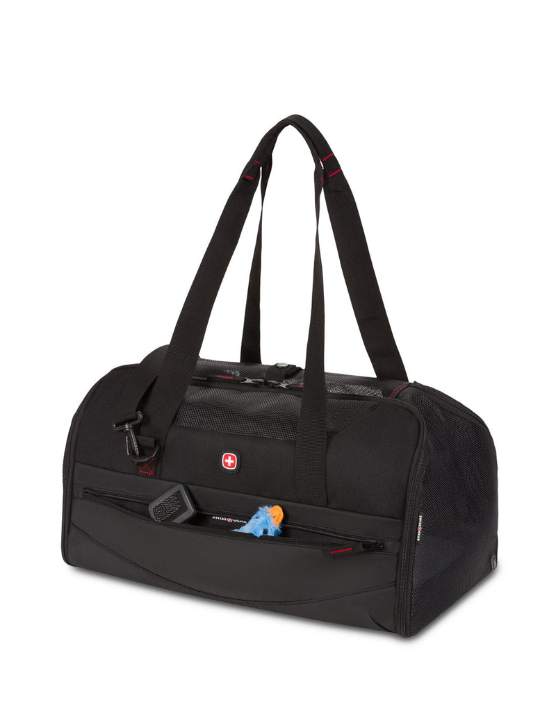 Swiss Gear Getaway Pet Carrier, black, front angled view with accessories in front pocket.
