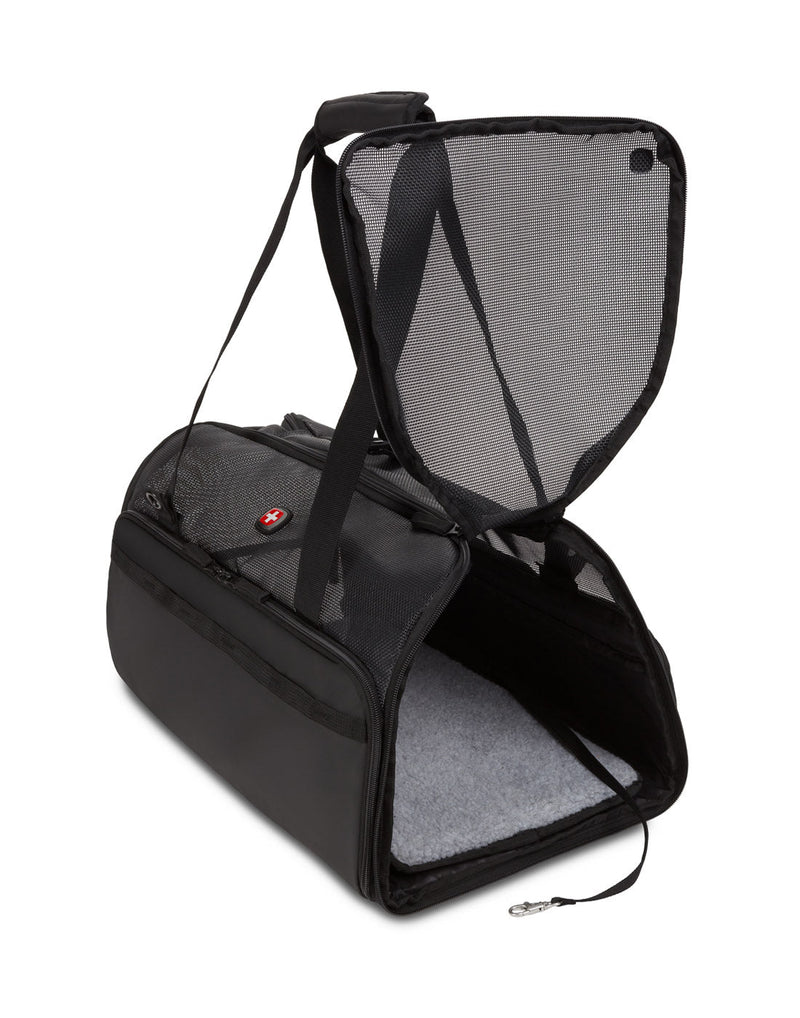 Swiss Gear Getaway Premium Pet Carrier, black, side panel unzipped to show fuzzy interior bottom and attached pet clip