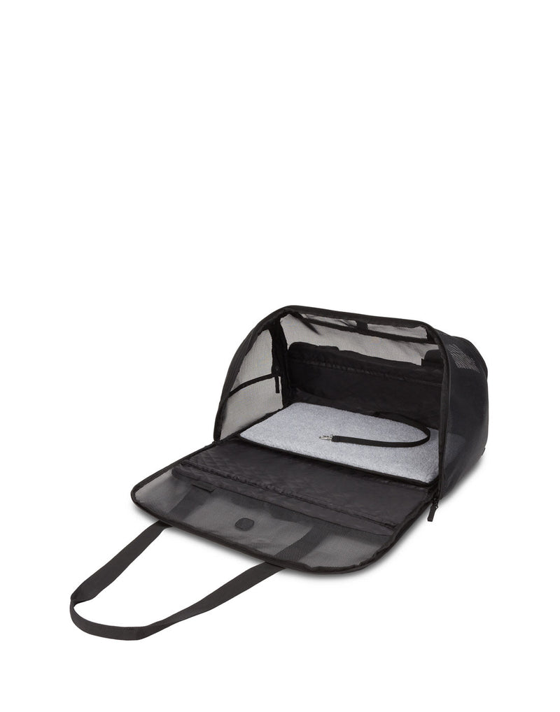 Swiss Gear Getaway Premium Pet Carrier, black, front angled view with side panel unzipped showing interior with fuzzy bottom mat and pet clip