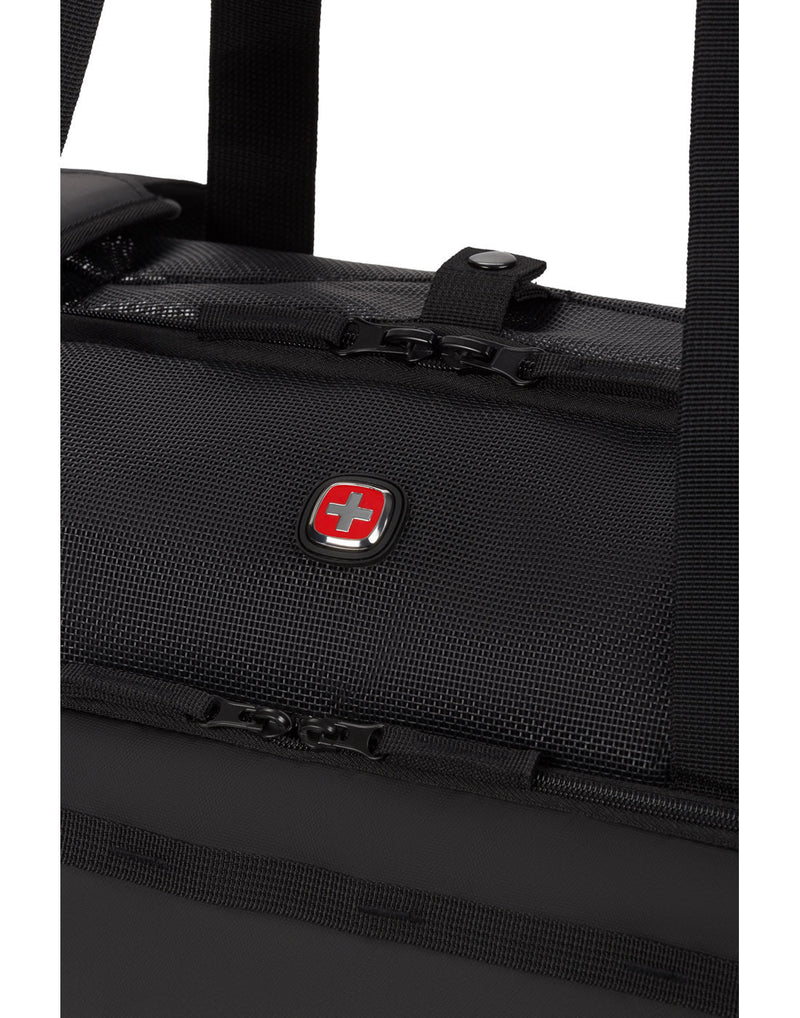 Close up of top zippers on Swiss Gear Getaway Premium Pet Carrier with Swiss Gear logo