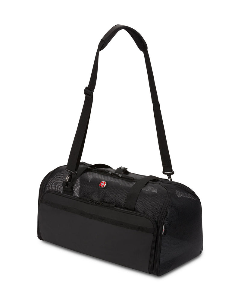 Swiss Gear Getaway Premium Pet Carrier, black, front angled view with shoulder strap extended