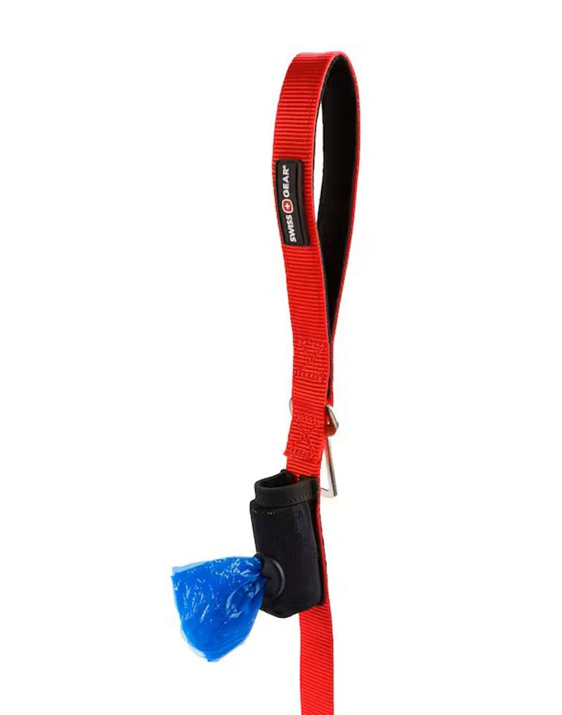 Close up of Swiss Gear Multifunctional Dog Leash in red with poop bag dispenser just below handle loop