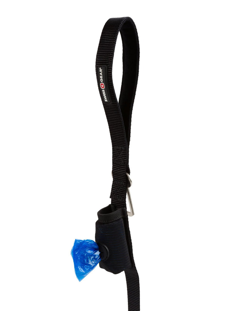 Close up of Swiss Gear Multifunctional Dog Leash in black with poop bag dispenser just below handle loop