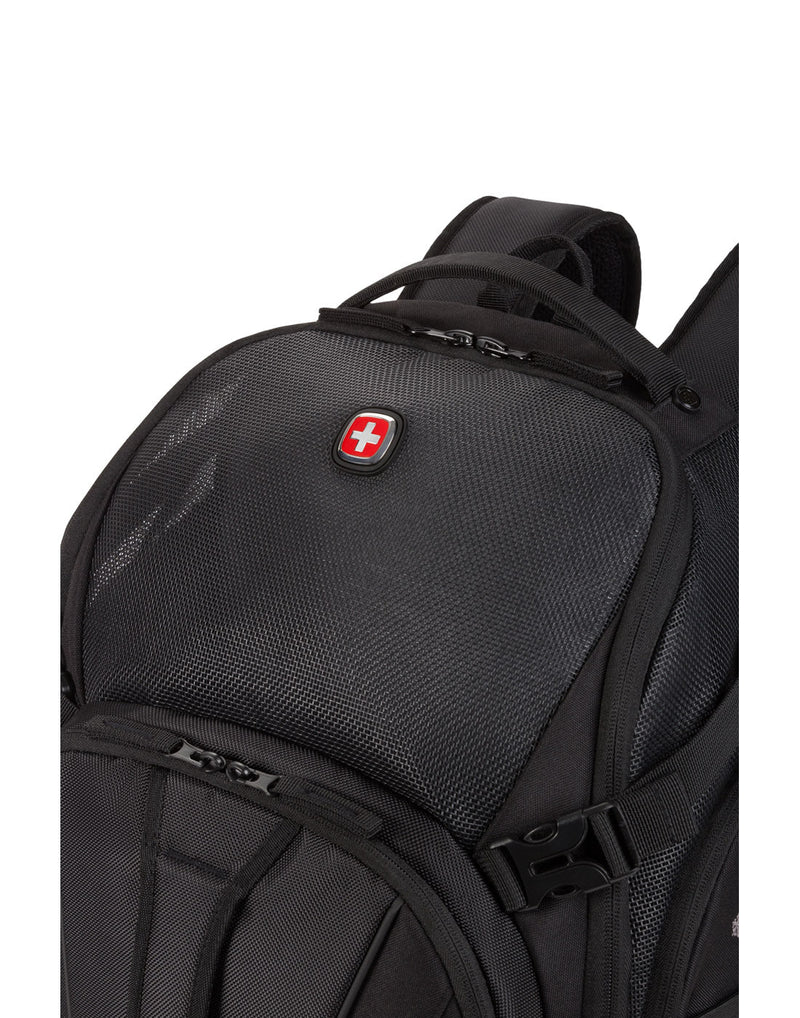 Swiss Gear Premium Pet Backpack, black, front top view of mesh panel