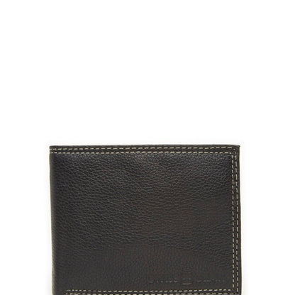 Swiss Gear RFID Billfold Men's Wallet with Centre ID Wing, textured black leather with beige tonal stitching around edges and debossed Swiss Gear logo on bottom right