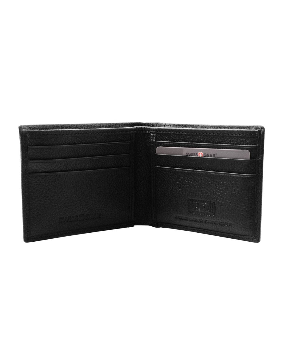 Swiss Gear RFID Billfold Men's Wallet with ID Holder, black, open view to card slots on both sides inside