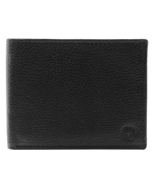 Product Image – Swiss Gear RFID Billfold Men's Wallet with ID Holder, black, front view with embossed Swiss Gear logo on bottom right hand corner