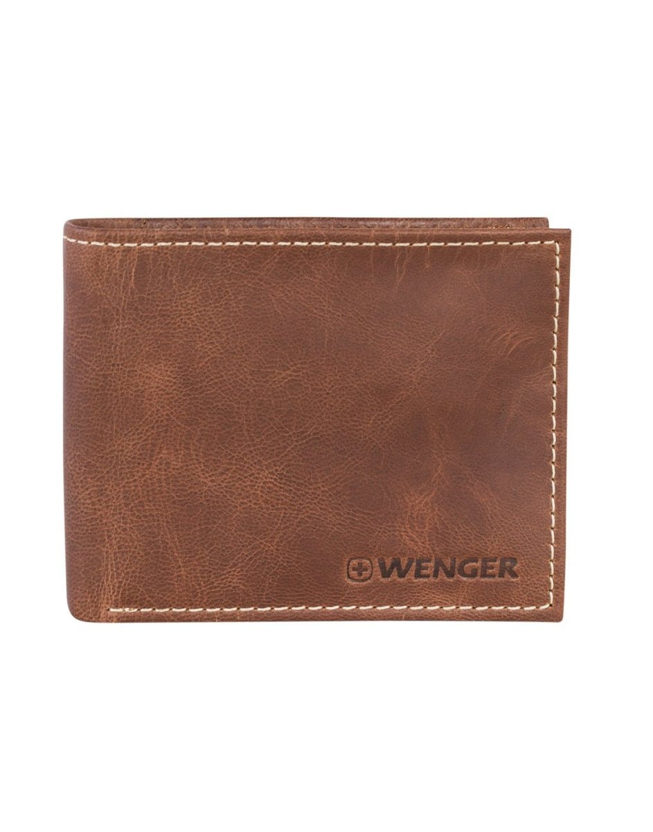 Front view of Swiss Gear RFID Billfold Men's Wallet with Removeable Exterior ID in tan.