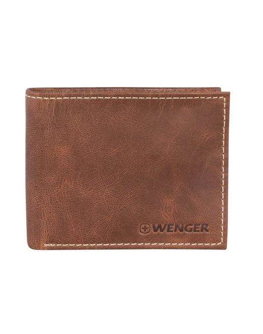 Product Image – Front view of Swiss Gear RFID Billfold Men's Wallet with Removeable Exterior ID in tan.