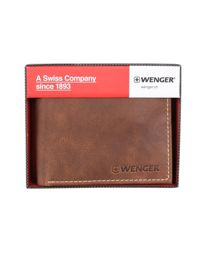 Front view of tan Swiss Gear RFID Billfold Men's Wallet with Removeable Exterior ID, placed inside packaging.