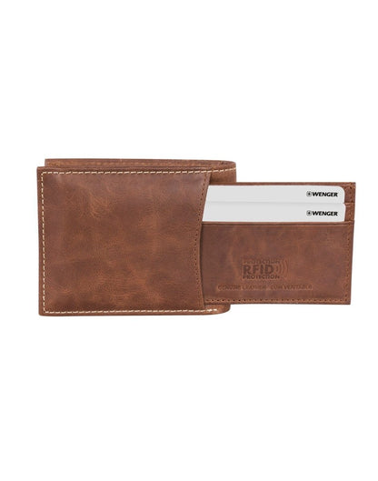 Front view of Swiss Gear RFID Billfold Men's Wallet with Removeable Exterior ID in tan, with removable exterior ID holder visible.