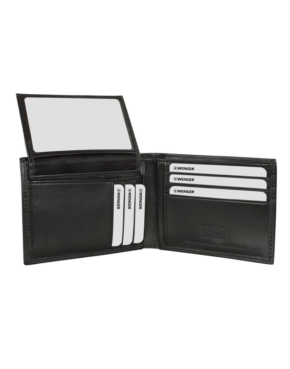 Angled view of Swiss Gear RFID Billfold Men's Wallet with Removeable Top Wing in black, opened to show credit card slots and removeable top wing ID holder which has 2 clear ID windows and 3 credit card slots.