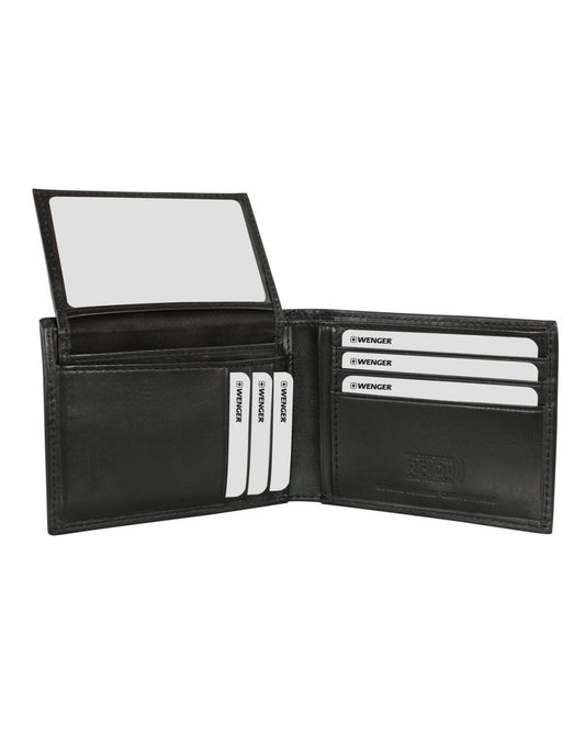 Product Image – Angled view of Swiss Gear RFID Billfold Men's Wallet with Removeable Top Wing in black, opened to show credit card slots and removeable top wing ID holder which has 2 clear ID windows and 3 credit card slots.