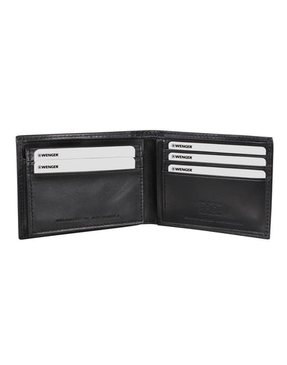 Angled view of Swiss Gear RFID Billfold Men's Wallet with Removeable Top Wing in black, opened to show credit card slots.